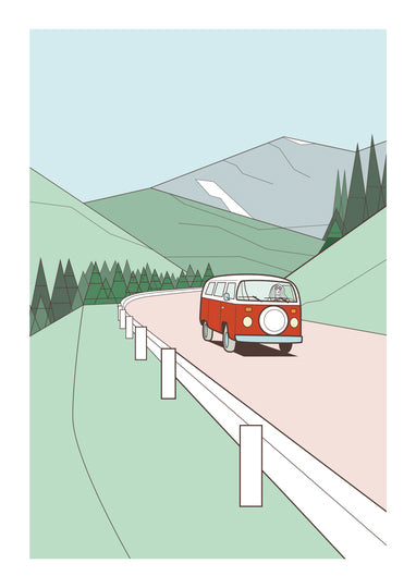 Minimalist art print of a red vintage van driving through green hills with pine trees and mountains in the background – travel-themed illustration by Floor 4 Productions