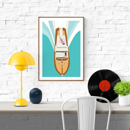 Illustration of two women on a luxury boat cruising through turquoise waters, viewed from above – minimalist summer art print by Floor 4 Productions, perfect for lovers of travel, vacation vibes, and retro-modern design.