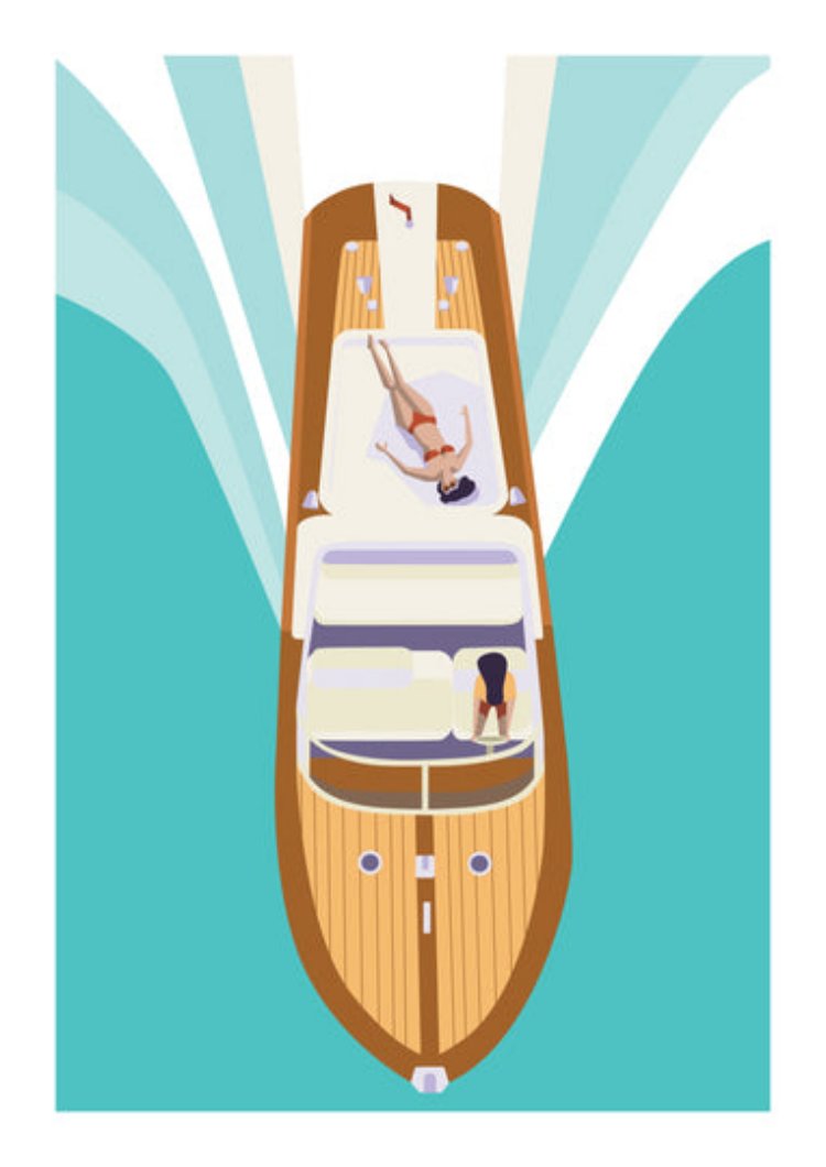 Illustration of two women on a luxury boat cruising through turquoise waters, viewed from above – minimalist summer art print by Floor 4 Productions, perfect for lovers of travel, vacation vibes, and retro-modern design.