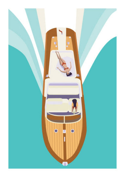 Illustration of two women on a luxury boat cruising through turquoise waters, viewed from above – minimalist summer art print by Floor 4 Productions, perfect for lovers of travel, vacation vibes, and retro-modern design.