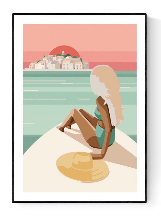 Minimalist beach illustration art print titled "Island in the Sun" by Floor 4 Productions, featuring a blonde woman on a boat gazing at an island sunset, in retro pastel tones – A3 wall art made in Belgium.