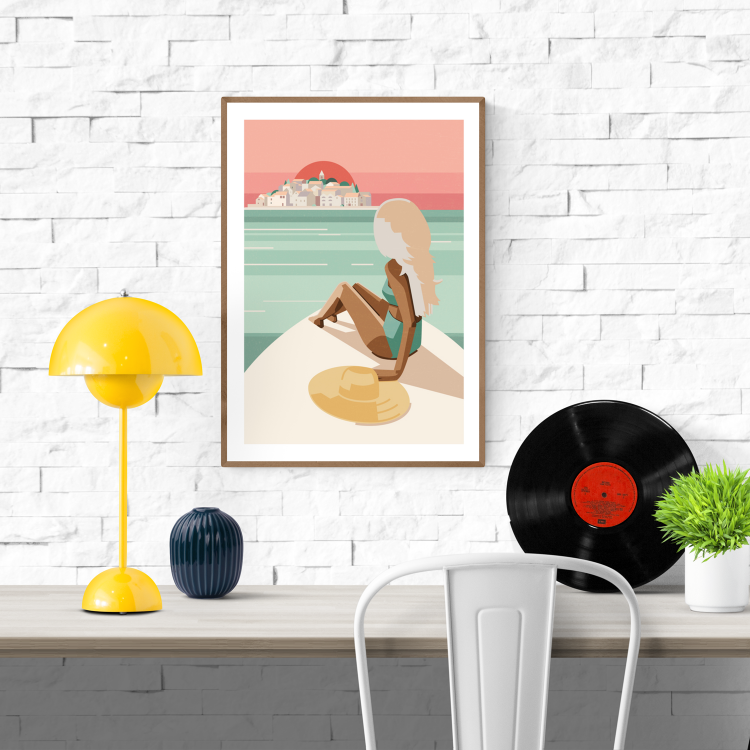 Minimalist beach illustration art print titled "Island in the Sun" by Floor 4 Productions, featuring a blonde woman on a boat gazing at an island sunset, in retro pastel tones – A3 wall art made in Belgium.