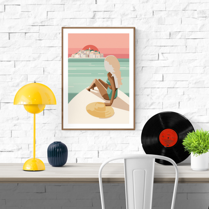 Minimalist beach illustration art print titled "Island in the Sun" by Floor 4 Productions, featuring a blonde woman on a boat gazing at an island sunset, in retro pastel tones – A3 wall art made in Belgium.