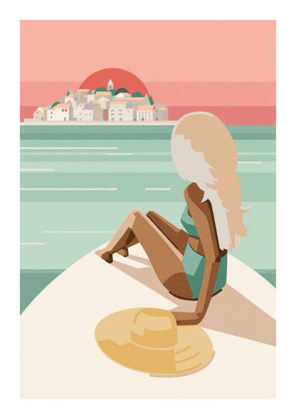 Minimalist beach illustration art print titled "Island in the Sun" by Floor 4 Productions, featuring a blonde woman on a boat gazing at an island sunset, in retro pastel tones – A3 wall art made in Belgium.