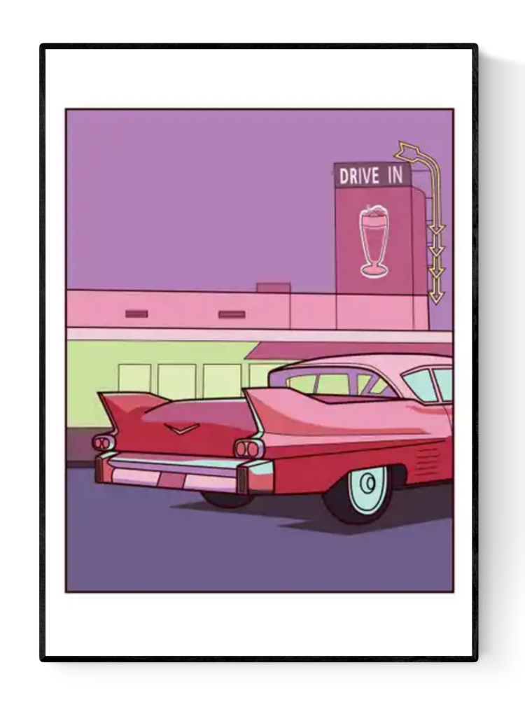 Illustration of a pink vintage Cadillac parked in front of a neon-lit American drive-in diner with retro signage, glowing milkshake sign, and bold pastel tones – Neon night by Floor 4 Productions, A3 pop art print made in Belgium.