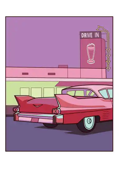 Illustration of a pink vintage Cadillac parked in front of a neon-lit American drive-in diner with retro signage, glowing milkshake sign, and bold pastel tones – Neon night by Floor 4 Productions, A3 pop art print made in Belgium.