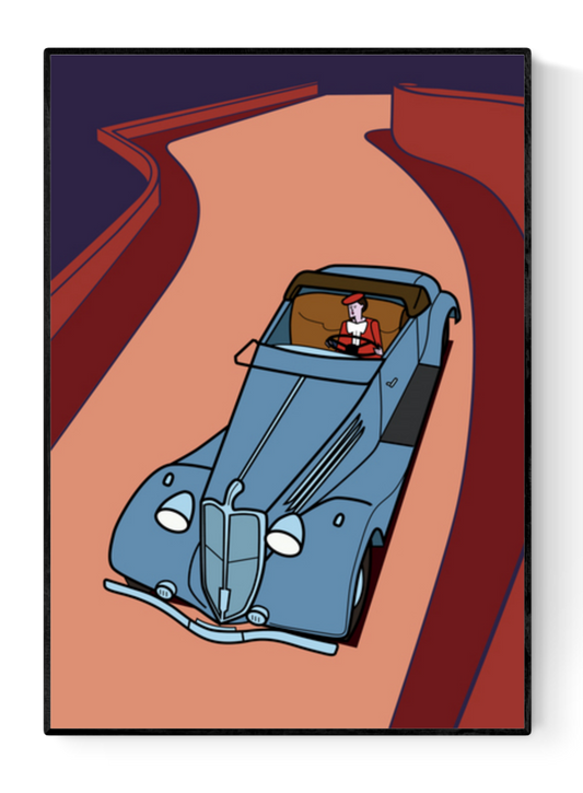 Retro illustration of a man driving a vintage convertible car on a winding road with bold red and purple hues – On the Road by Floor 4 Productions, available as A4 or A3 art print.