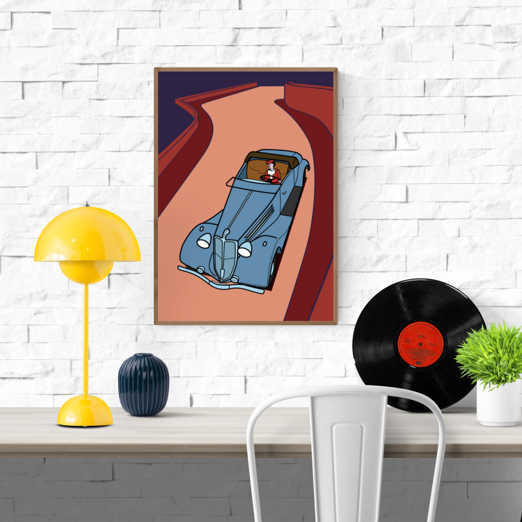 Retro illustration of a man driving a vintage convertible car on a winding road with bold red and purple hues – On the Road by Floor 4 Productions, available as A4 or A3 art print.