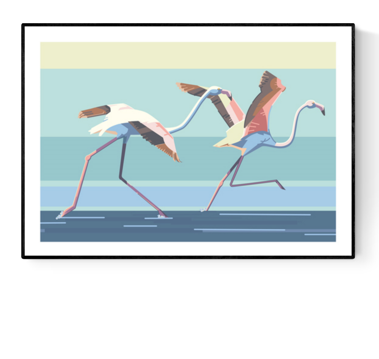 Contemporary A3 art print titled Take off by Belgian duo Floor 4 Productions. Features two flamingos mid-run across a stylized water surface with bold pastel tones and geometric lines. Printed on 300g paper, perfect for colorful and energetic home decor.