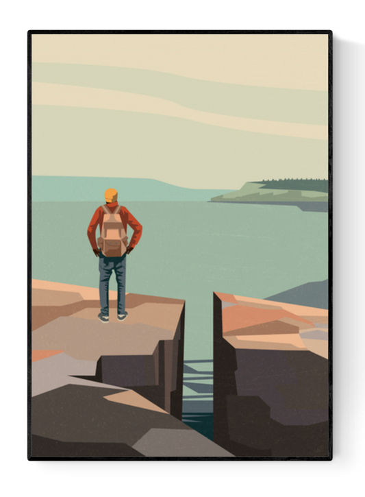 Digital art print “Walk with a View” by Floor 4 Productions, showing a lone hiker with a backpack standing on a rocky cliff, facing the sea and a distant island under pastel skies. Contemporary Belgian illustration.