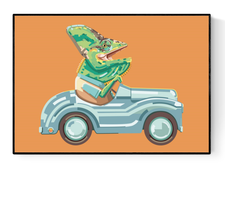 "Fastest and Funniest" by Floor 4 Productions – humorous illustration of a lizard driving a vintage toy car against an orange background, blending retro charm with quirky animal character design, perfect for playful and modern art collectors, available at Galerie Frits