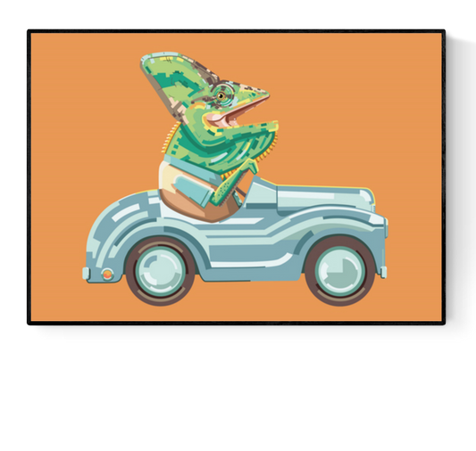 "Fastest and Funniest" by Floor 4 Productions – humorous illustration of a lizard driving a vintage toy car against an orange background, blending retro charm with quirky animal character design, perfect for playful and modern art collectors, available at Galerie Frits
