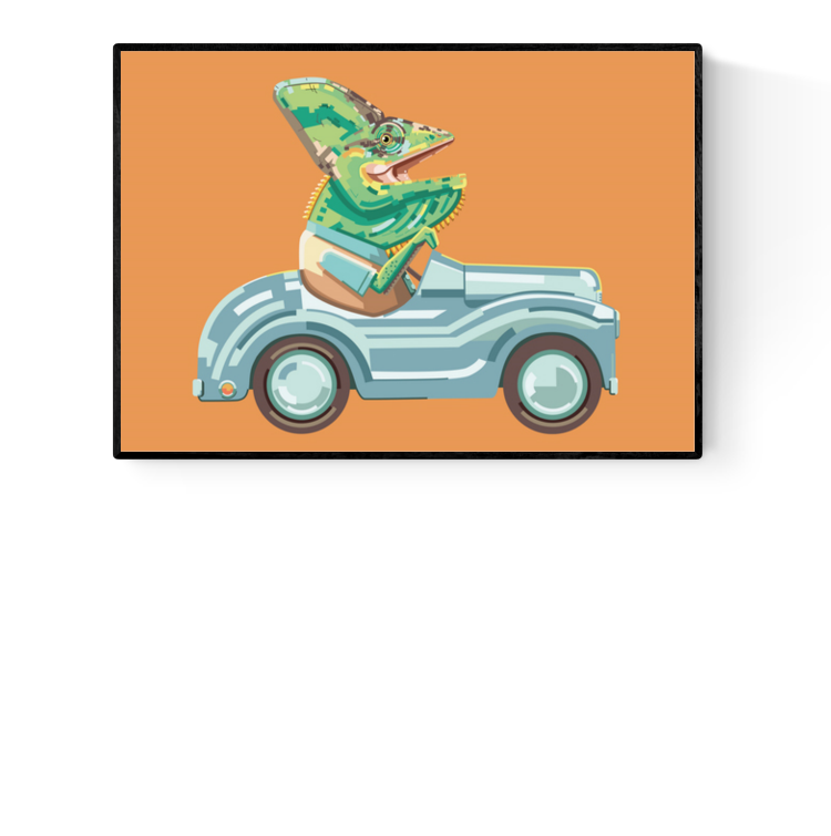 "Fastest and Funniest" by Floor 4 Productions – humorous illustration of a lizard driving a vintage toy car against an orange background, blending retro charm with quirky animal character design, perfect for playful and modern art collectors, available at Galerie Frits