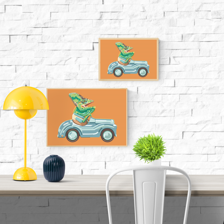 "Fastest and Funniest" by Floor 4 Productions – humorous illustration of a lizard driving a vintage toy car against an orange background, blending retro charm with quirky animal character design, perfect for playful and modern art collectors, available at Galerie Frits