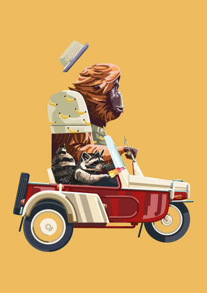Go Bananas by Floor 4 Productions – Belgian art print of a gorilla driving a vintage scooter with a raccoon sidekick eating ice cream, colorful retro illustration for modern quirky wall decor.