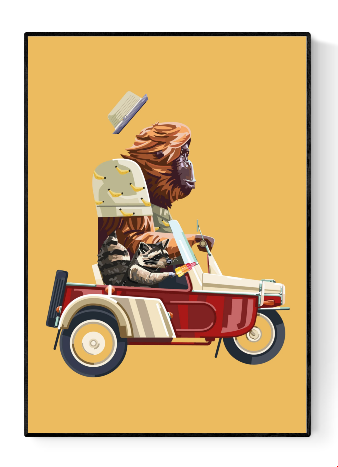 Go Bananas by Floor 4 Productions – Belgian art print of a gorilla driving a vintage scooter with a raccoon sidekick eating ice cream, colorful retro illustration for modern quirky wall decor.