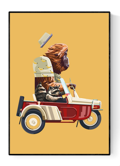 Go Bananas by Floor 4 Productions – Belgian art print of a gorilla driving a vintage scooter with a raccoon sidekick eating ice cream, colorful retro illustration for modern quirky wall decor.