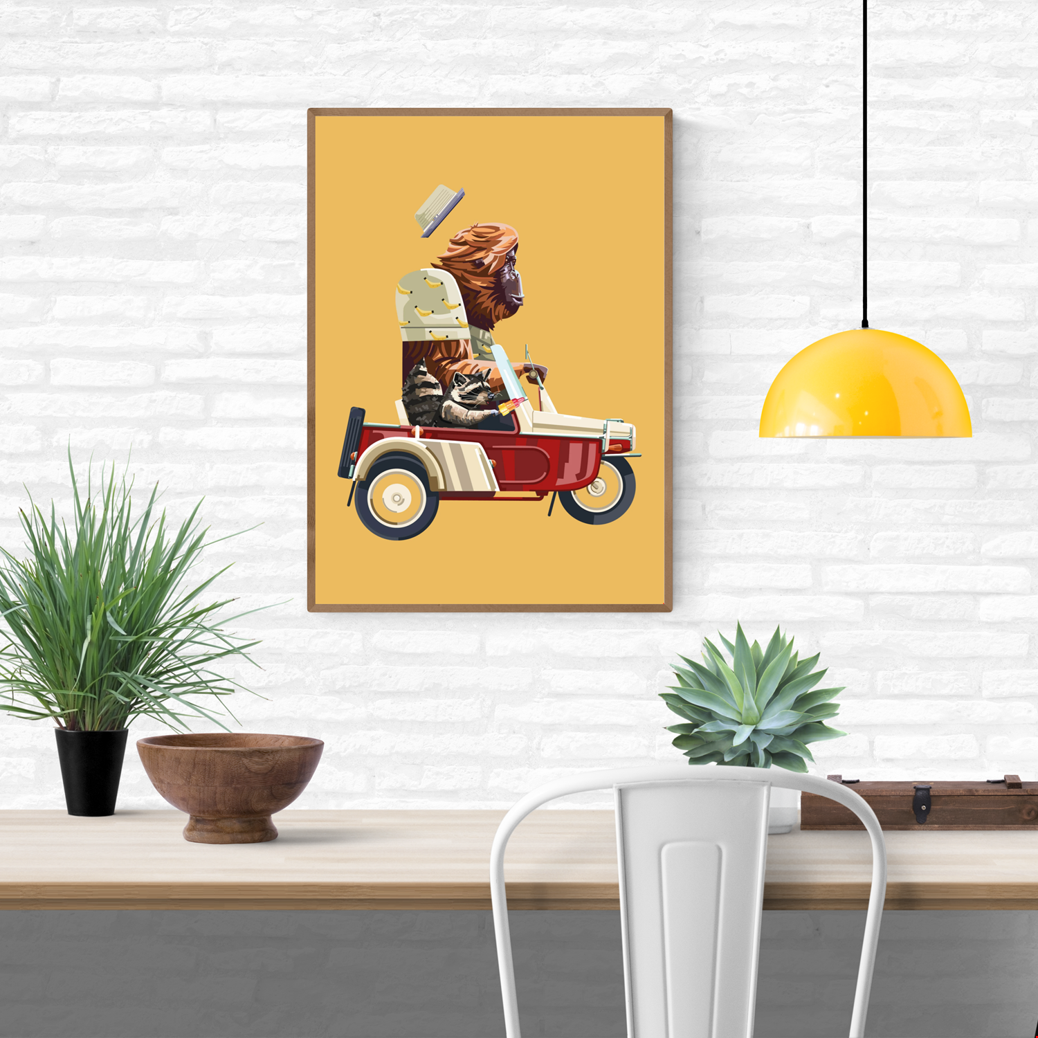 Go Bananas by Floor 4 Productions – Belgian art print of a gorilla driving a vintage scooter with a raccoon sidekick eating ice cream, colorful retro illustration for modern quirky wall decor.