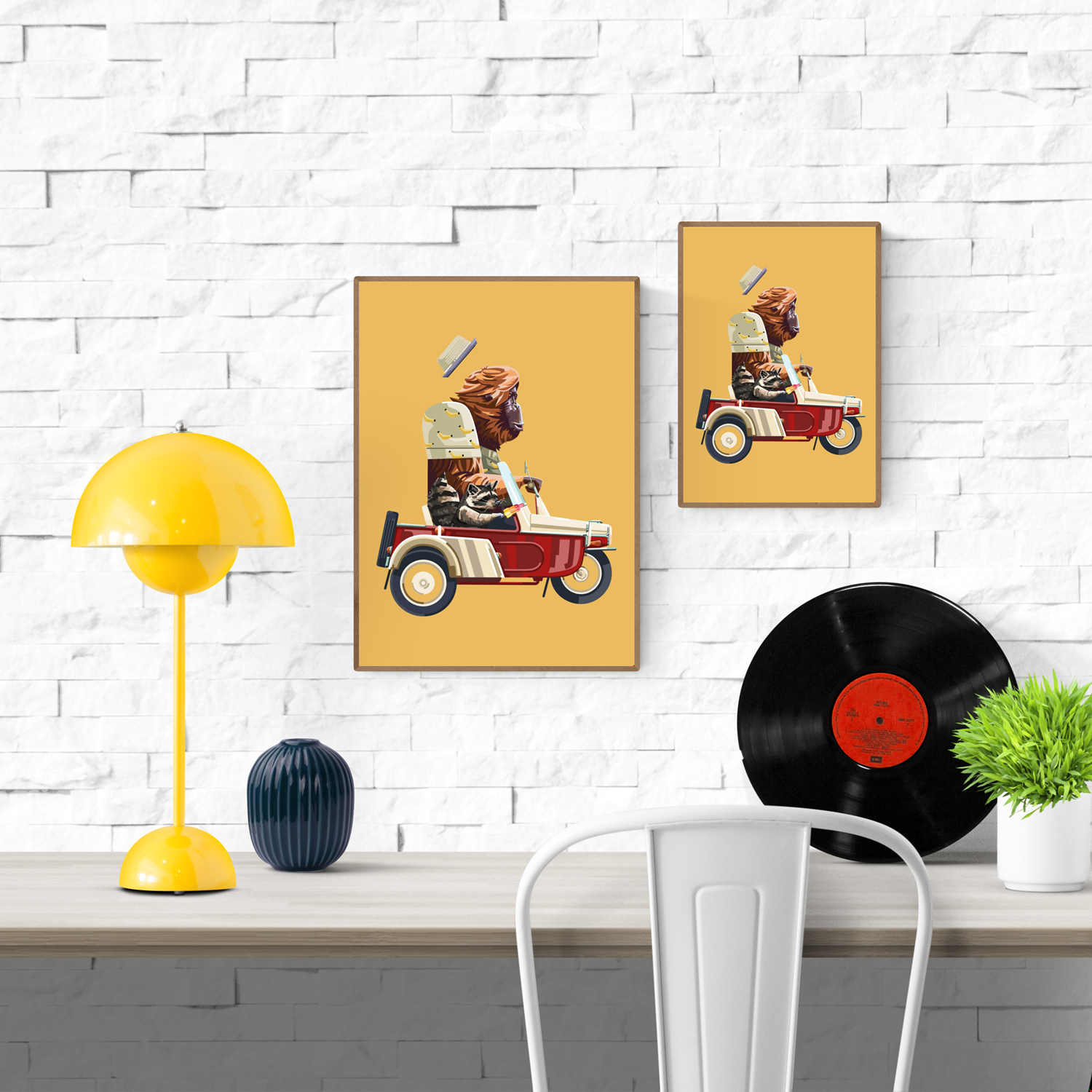Go Bananas by Floor 4 Productions – Belgian art print of a gorilla driving a vintage scooter with a raccoon sidekick eating ice cream, colorful retro illustration for modern quirky wall decor.