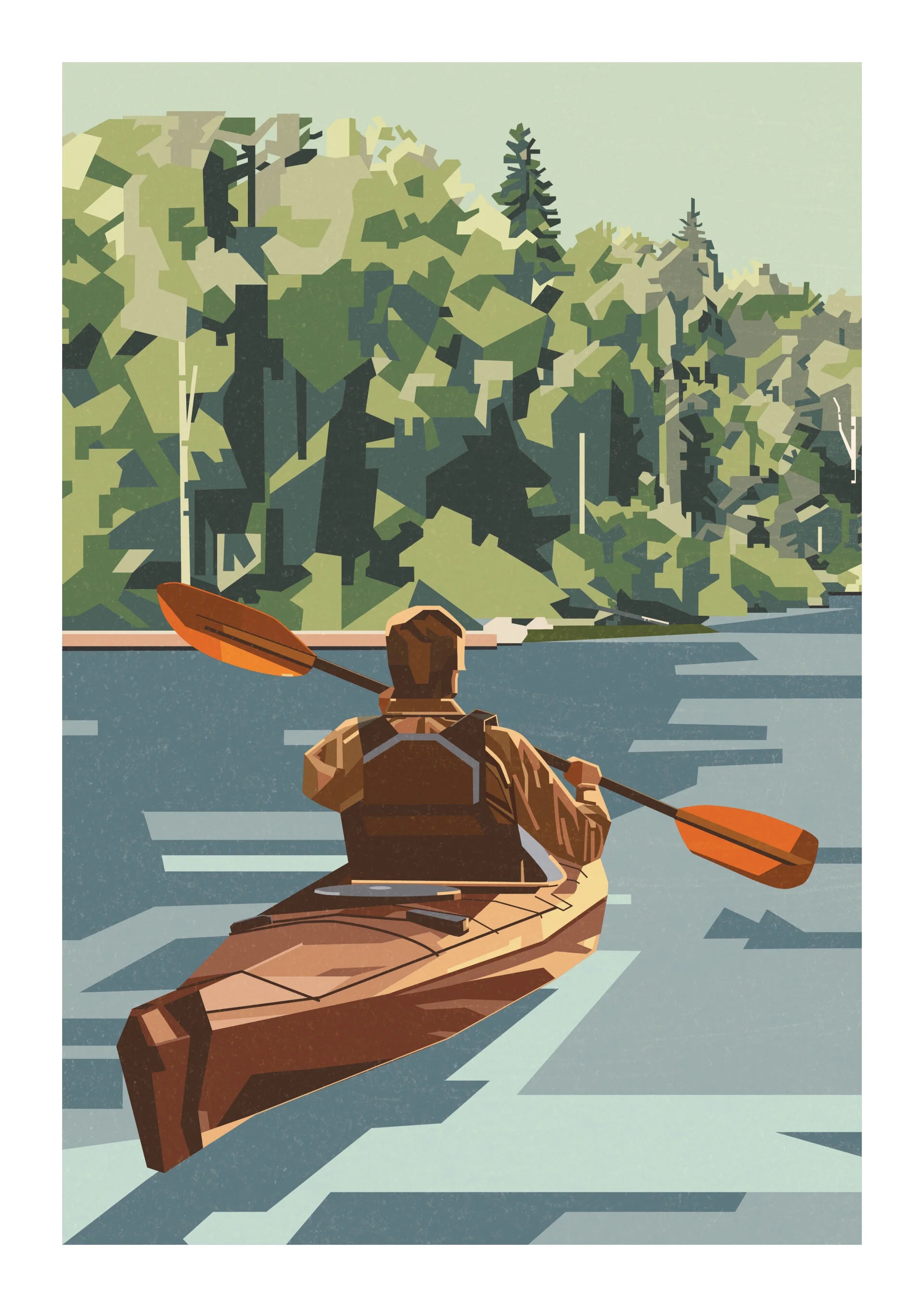 Out of Office by Floor 4 Productions – Belgian art print of a kayaker paddling through a calm forest river, minimalist modern wall art celebrating nature, adventure, and relaxation.