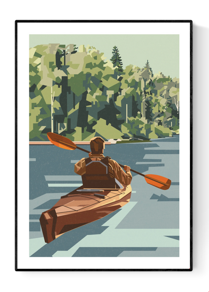 Out of Office by Floor 4 Productions – Belgian art print of a kayaker paddling through a calm forest river, minimalist modern wall art celebrating nature, adventure, and relaxation.