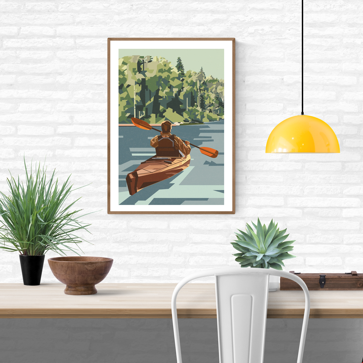 Out of Office by Floor 4 Productions – Belgian art print of a kayaker paddling through a calm forest river, minimalist modern wall art celebrating nature, adventure, and relaxation.