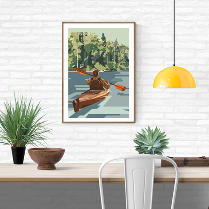 Out of Office by Floor 4 Productions – Belgian art print of a kayaker paddling through a calm forest river, minimalist modern wall art celebrating nature, adventure, and relaxation.