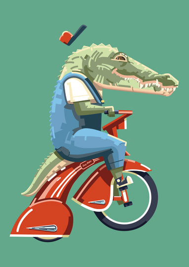 "Easy Rider" art print by Floor 4 Productions – quirky illustration of an anthropomorphic crocodile riding a red vintage tricycle, wearing overalls and a floating hat, ideal for playful interiors, kids' rooms, and collectors of humorous animal artwork, available at Galerie Frits