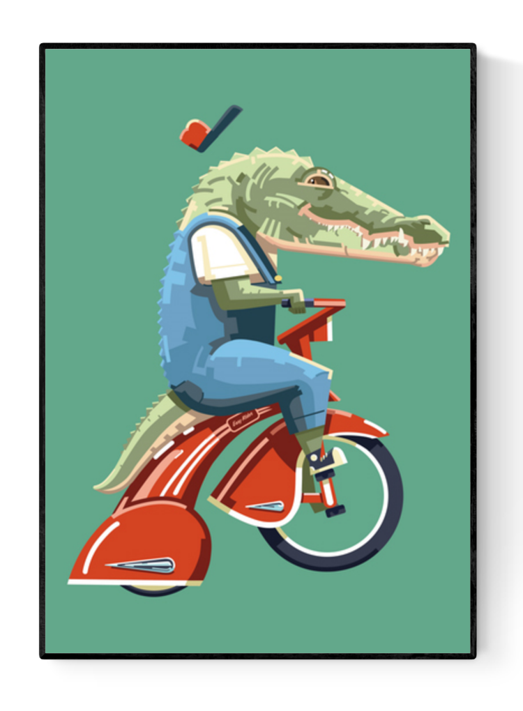 "Easy Rider" art print by Floor 4 Productions – quirky illustration of an anthropomorphic crocodile riding a red vintage tricycle, wearing overalls and a floating hat, ideal for playful interiors, kids' rooms, and collectors of humorous animal artwork, available at Galerie Frits