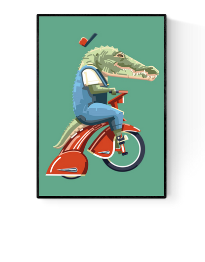 "Easy Rider" art print by Floor 4 Productions – quirky illustration of an anthropomorphic crocodile riding a red vintage tricycle, wearing overalls and a floating hat, ideal for playful interiors, kids' rooms, and collectors of humorous animal artwork, available at Galerie Frits