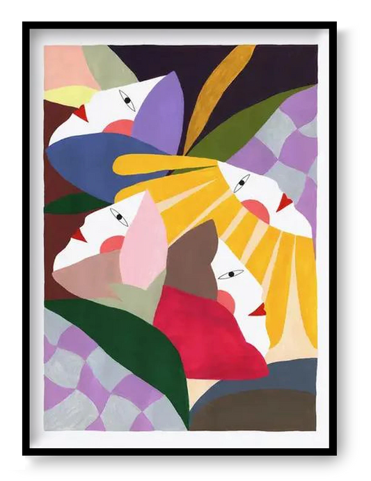 Colorful giclée art print “Flowers & Woman” by Depeapa featuring abstract female figures and layered floral shapes in bold pastel and warm tones.