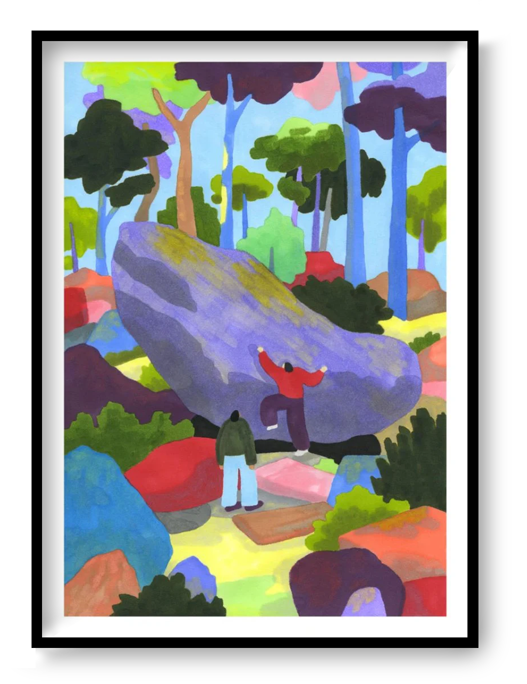 Colorful risograph forest illustration by Agathe Meunier inspired by Fontainebleau, featuring climbers, rocks, and bold shapes in a playful outdoor scene.