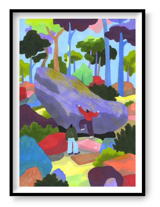 Colorful risograph forest illustration by Agathe Meunier inspired by Fontainebleau, featuring climbers, rocks, and bold shapes in a playful outdoor scene.