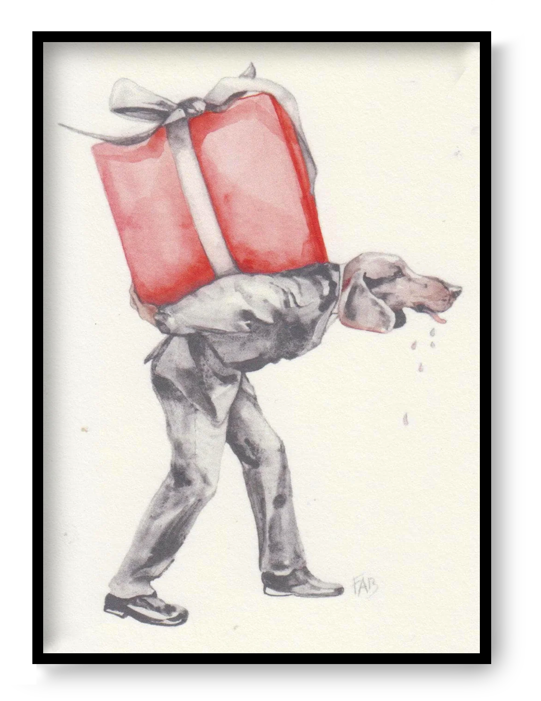 Surreal watercolor art card by Belgian illustrator FAB showing a human body with a dog head carrying a gift, humorous and quirky illustration.