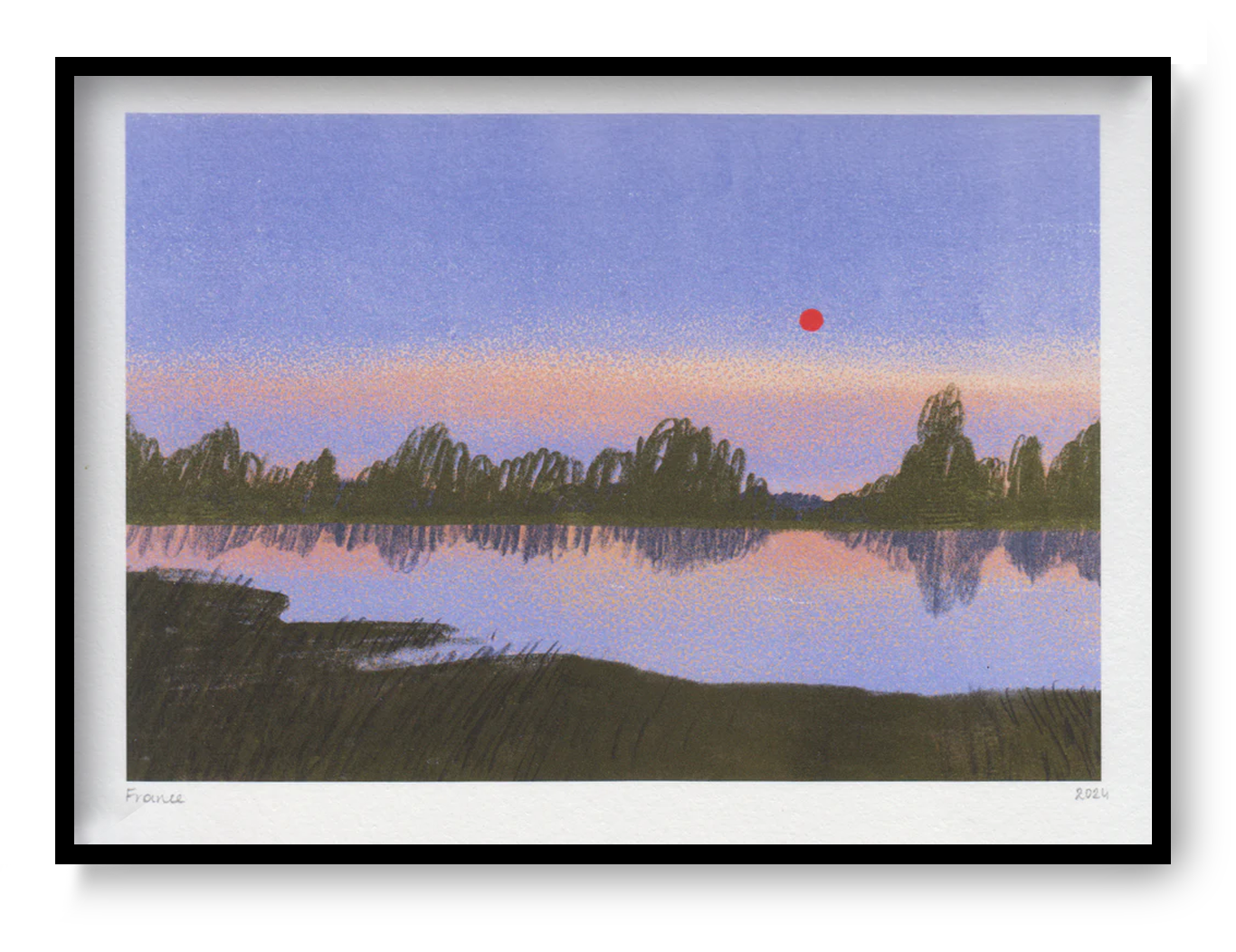 Minimal landscape art print by Belgian illustrator Linde Raats showing a calm sunset with reflections, soft colors, and a red sun over water.