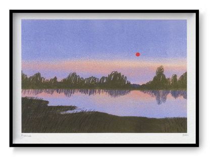 Minimal landscape art print by Belgian illustrator Linde Raats showing a calm sunset with reflections, soft colors, and a red sun over water.