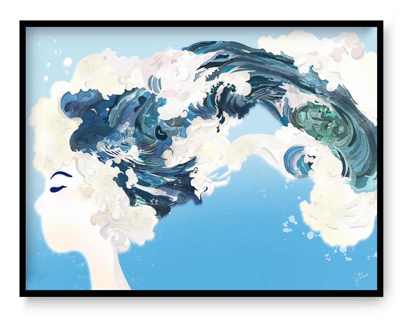 Watercolor art print by Giu Watercolor showing a female profile merging with ocean waves, expressing freedom, calm, and emotional movement.