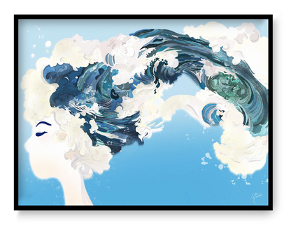 Watercolor art print by Giu Watercolor showing a female profile merging with ocean waves, expressing freedom, calm, and emotional movement.