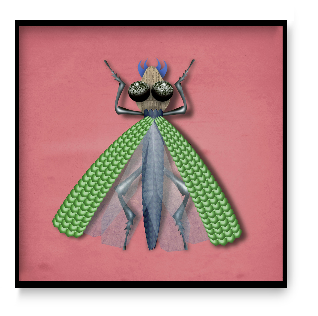Graphic insect art print by Studio Frits featuring a stylized wasp with green wings on a pink background, modern Belgian illustration.