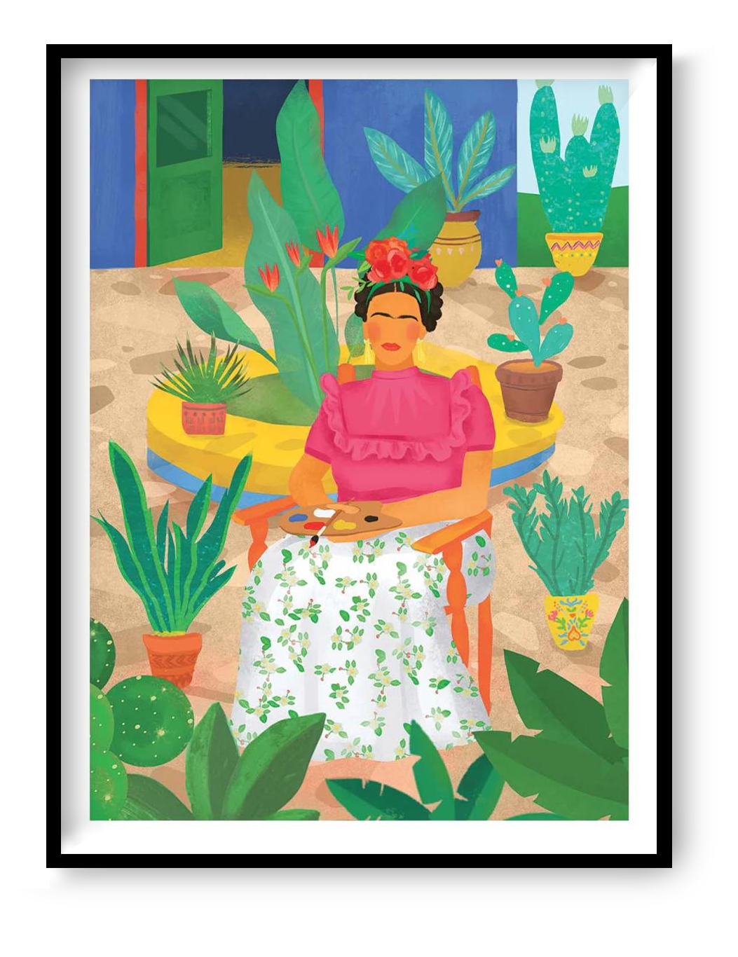 Frida-inspired illustration art print by Petra Lizde featuring a woman surrounded by lush plants and vibrant colors, Mexican-inspired botanical wall art.