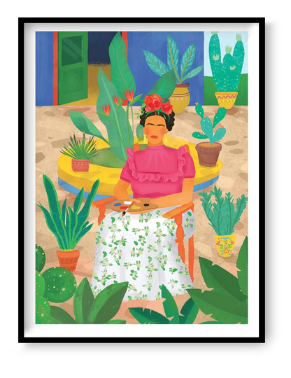 Frida-inspired illustration art print by Petra Lizde featuring a woman surrounded by lush plants and vibrant colors, Mexican-inspired botanical wall art.