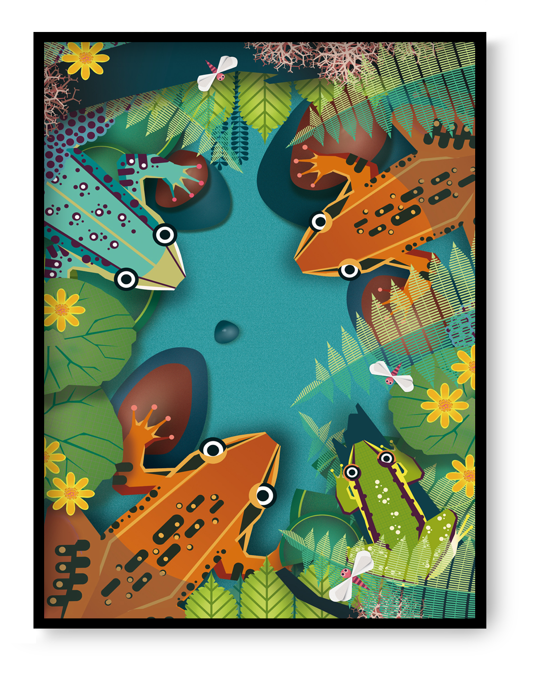 Colorful frog illustration by Studio Frits, playful jungle animal art print with bold graphic style.