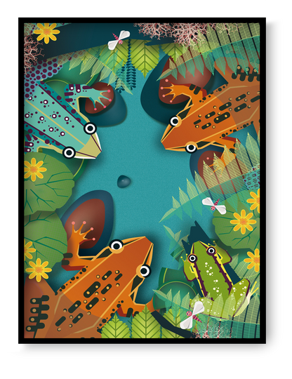 Colorful frog illustration by Studio Frits, playful jungle animal art print with bold graphic style.