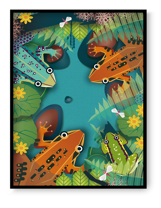 Colorful frog illustration by Studio Frits, playful jungle animal art print with bold graphic style.