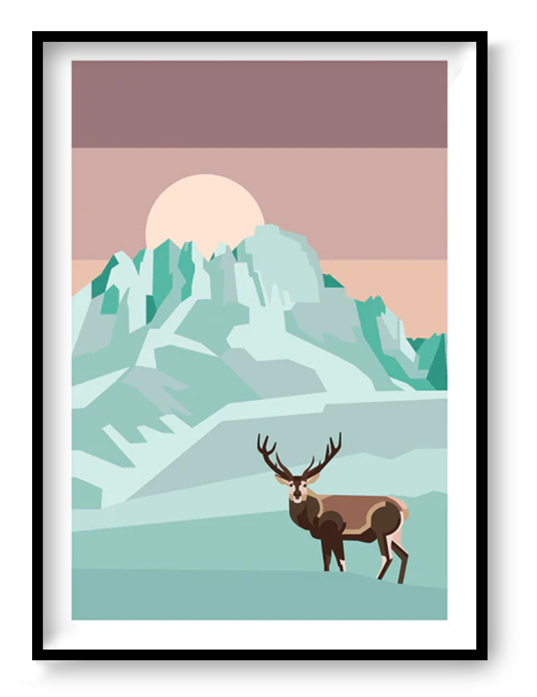Full Moon Deer art print by Floor 4 Productions, modern geometric deer illustration under a full moon with pastel mountains, A3 wildlife wall art print made in Belgium for Scandinavian and contemporary interiors.