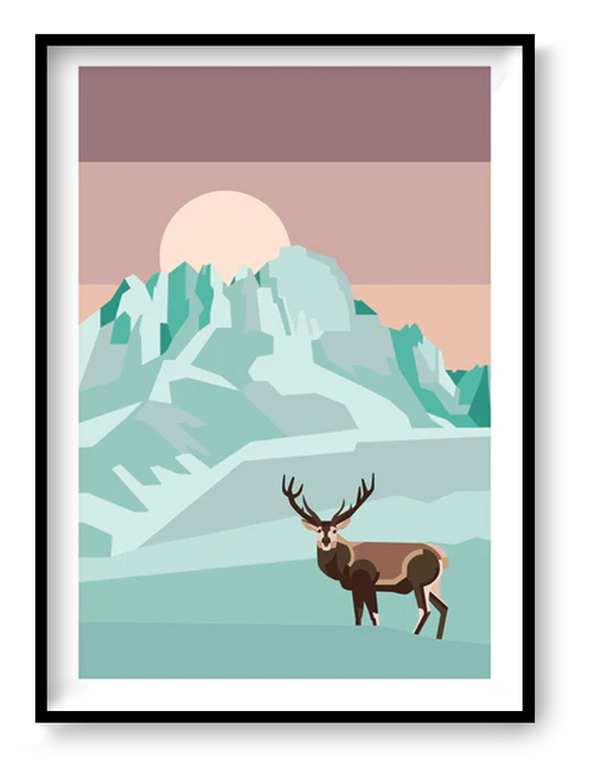 Full Moon Deer art print by Floor 4 Productions, modern geometric deer illustration under a full moon with pastel mountains, A3 wildlife wall art print made in Belgium for Scandinavian and contemporary interiors.