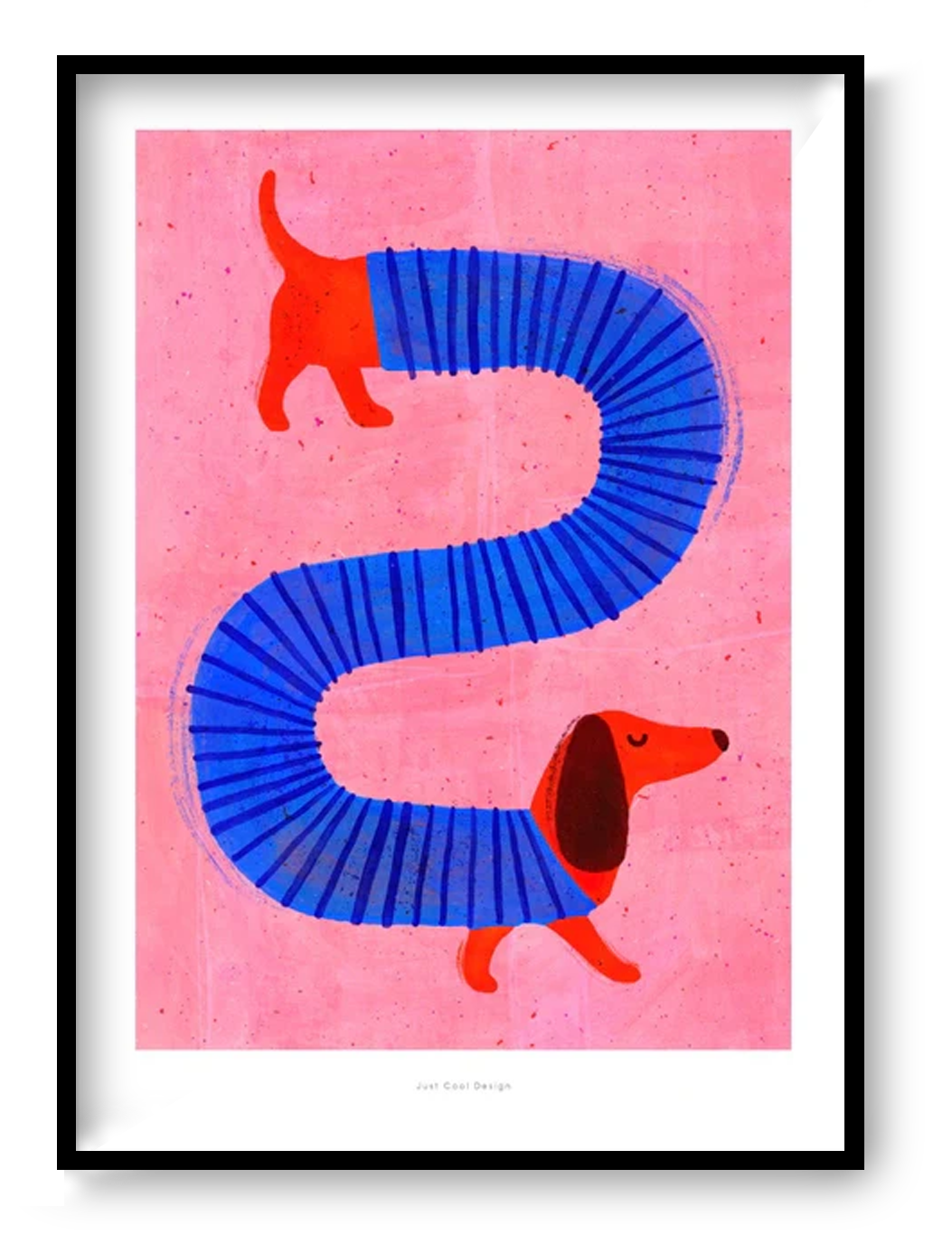 Funny Dog dachshund art print A4, colorful sausage dog illustration by Just Cool Design, playful modern dog wall art for kids room and design interiors.