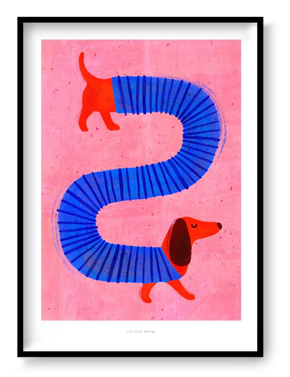 Funny Dog dachshund art print A4, colorful sausage dog illustration by Just Cool Design, playful modern dog wall art for kids room and design interiors.