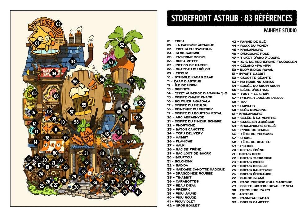 Colorful illustrated storefront scene by Paiheme Studio, featuring manga-style characters, retro Japanese signs, and fantasy creatures in a whimsical, busy urban setting. 30 x 40 cm art print on matte paper, perfect for fans of anime aesthetics and Japanese pop culture posters.