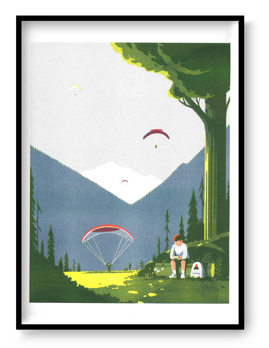 Game Boy art print by Tom Haugomat, nostalgic forest illustration with child playing Game Boy, minimalist risograph wall art A3.